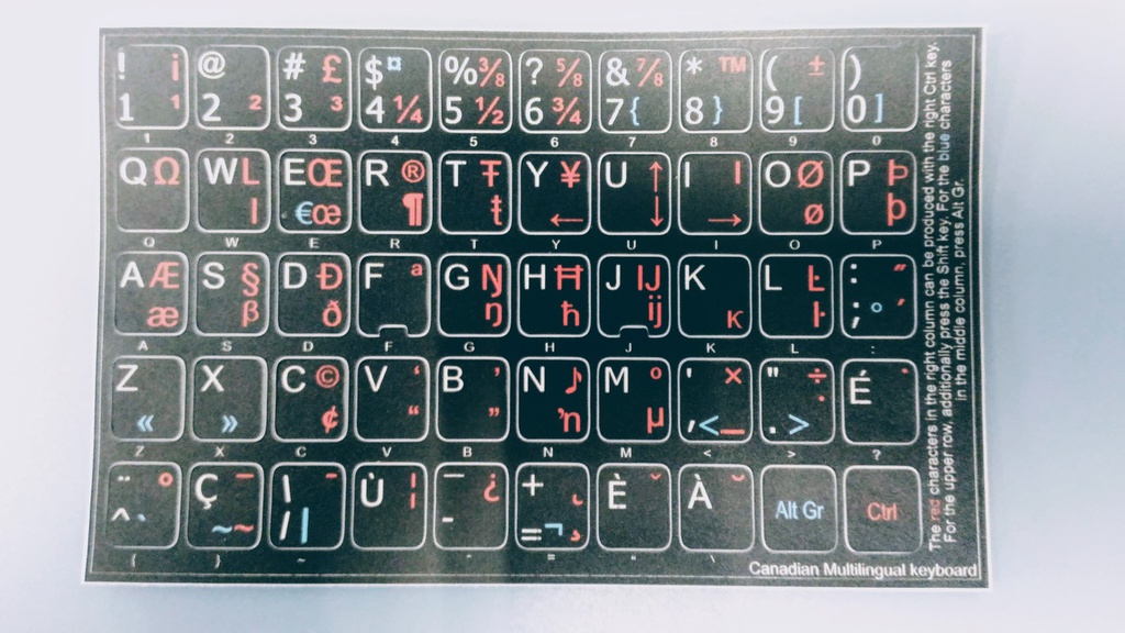 Autocollants pour clavier Francais Canadien opaque 11X13MM rouge sur noir