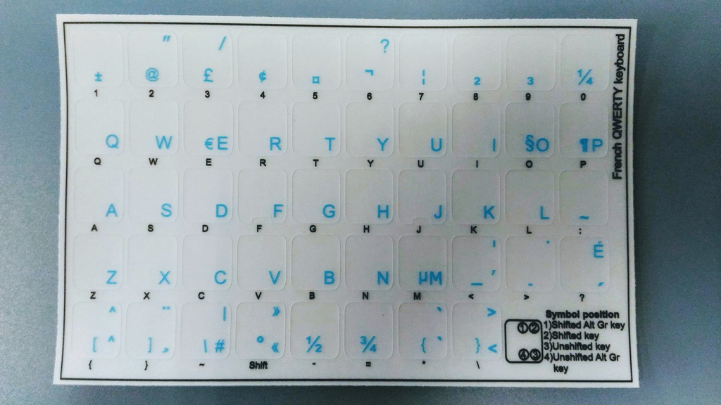 Autocollants pour clavier Francais Canadien sur fond transparent 11X13MM bleu