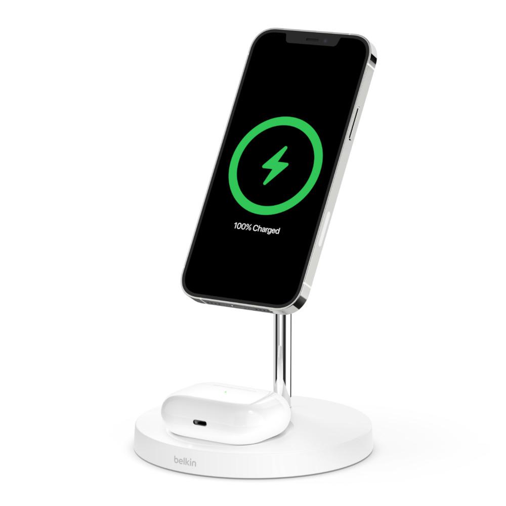 Belkin 2-in-1 Wireless Charger Stand with MagSafe, 15 W, White (WIZ010TTWH)