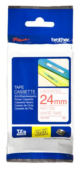 Brother Red on White Laminated Tape 24mm x 8m (TZE252)