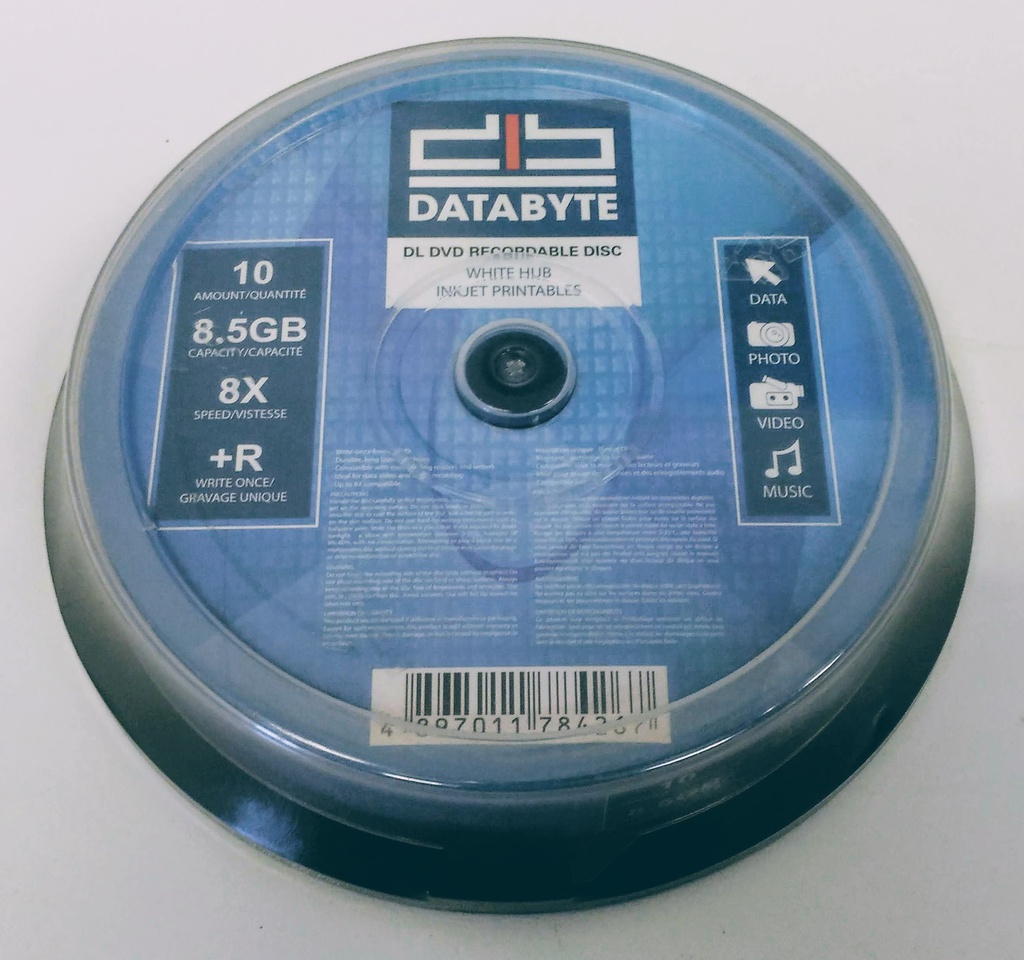 Databyte - Carrousel de 10 disques DVD+R 8X double couche de 8,5 Go à surface blanche imprimable par jet d'encre