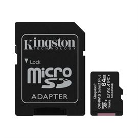 Kingston Technology 64 GB, microSDXC, Class 10, UHS-I, 3.3 V, Adaptateur SD