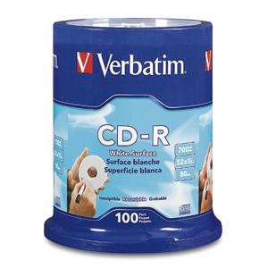 Verbatim CD-R 80MIN 700MB 52X Blank White Surface 100pk Spindle (94712)