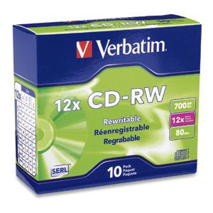 Verbatim CD-RW 80MIN 700MB 4X-12X High Speed Branded 10pk Slim Case (95156)