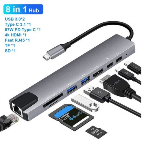 Hub USB 3.1 Type C 8 en 1 avec HDMI, Lan, lecteur de cartes, port USB et Type C