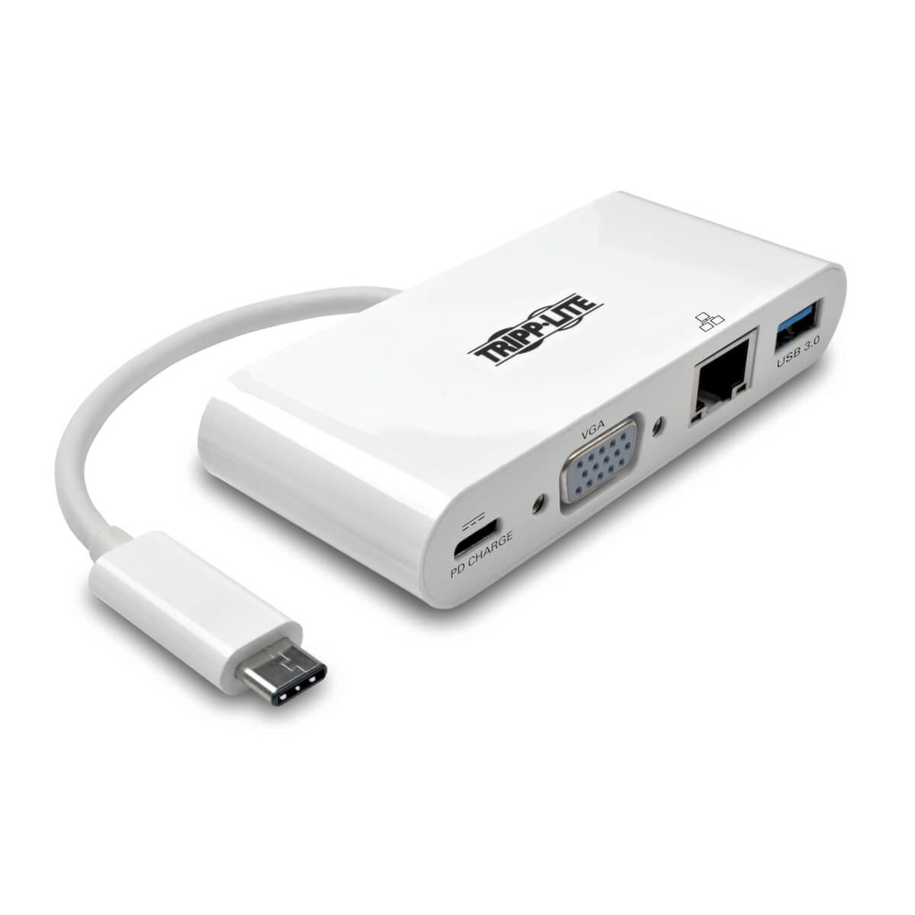 Tripp Lite USB-C Multiport Adapter, VGA, USB-A Port, Gbe and PD Charging, White