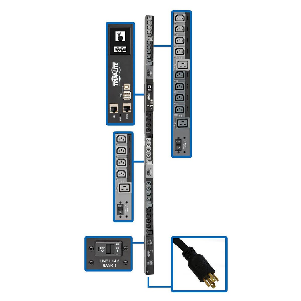 Tripp Lite PDU3EVSR6L2130, Commutable, 0U, Triphasé, verticale, Métal, Noir