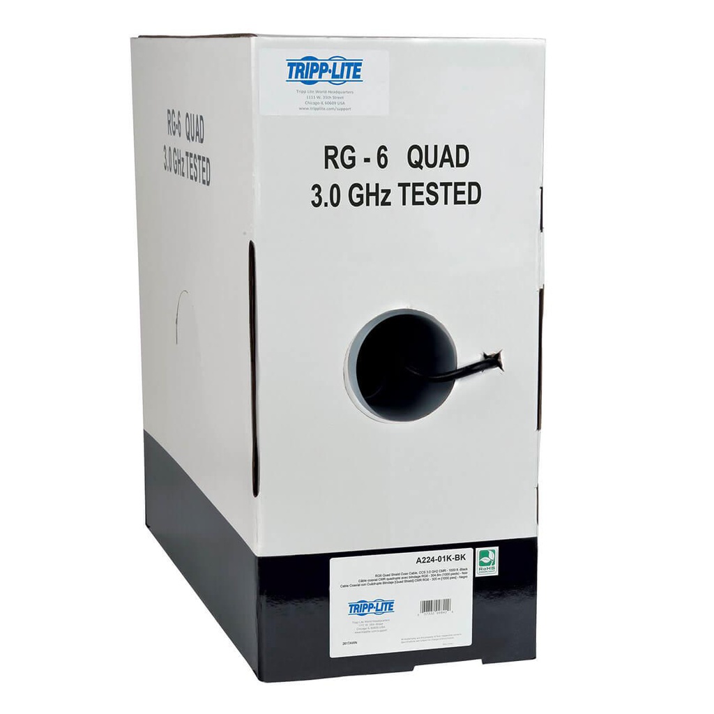 Tripp Lite RG6/U Quad-Shield CMR-Rated Coaxial Cable, Black, 1000 ft. (304.8 m)