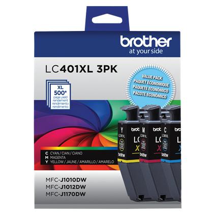 Brother High-yield Ink, 3 Pack Color, Yields approx. 500 pages (LC401XL3PKS)