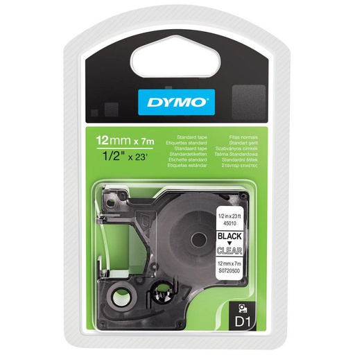 DYMO D1 - Standard Étiquettes - Noir sur transparent  - 12mm x 7m (45010)