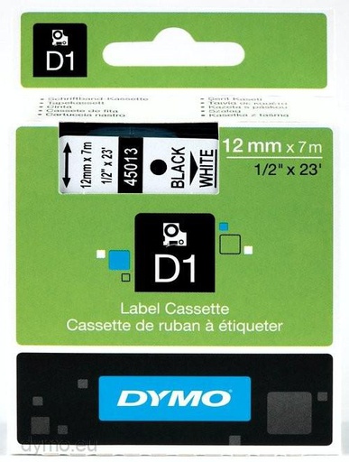 DYMO D1 - Standard Labels - Black on White  - 12mm x 7m (45013)