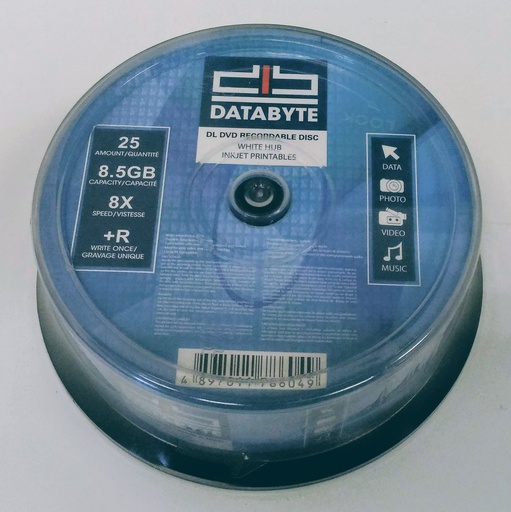 Databyte - Carrousel de 25 disques DVD+R 8X double couche de 8,5 Go à surface blanche imprimable par jet d'encre
