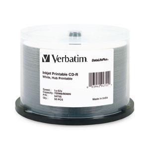 Verbatim CD-R 80MIN 700MB 52X DataLifePlus White Inkjet, Hub Printable 50pk Spindle