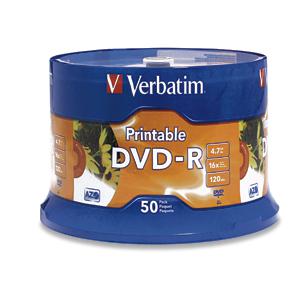 Verbatim DVD-R 4,7 Go 16X blanc jet d'encre imprimable 50pk Spindle (95137)