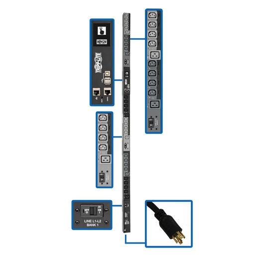 Tripp Lite PDU3EVSR6L2130, Commutable, 0U, Triphasé, verticale, Métal, Noir