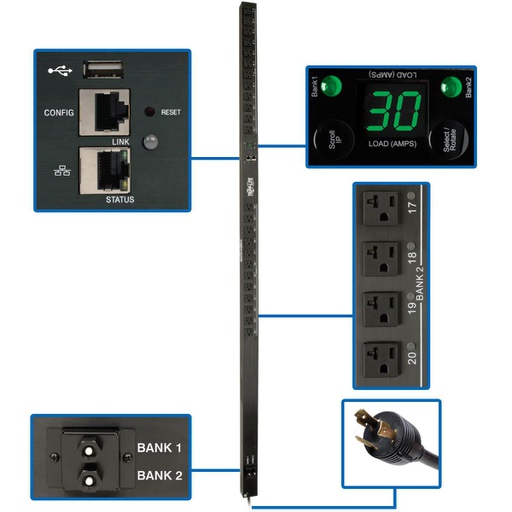 Tripp Lite PDUMV30NETLX, Commutable, 0U, Monophasé, verticale, Noir, LCD