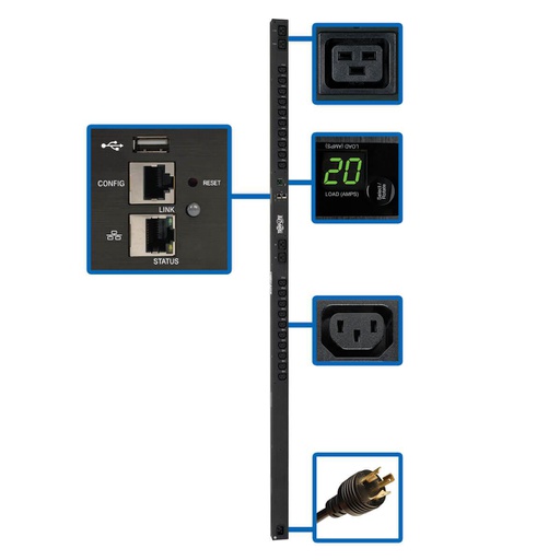 Tripp Lite PDUMV20HVNETLX, Commutable, 0U, Monophasé, verticale, Noir, LCD