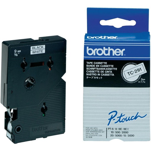 Brother Ruban laminé de 9 mm, noir sur blanc (TC291)