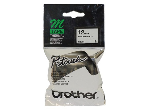 Brother 12mm black on white plastic tape, non-laminated, 8m (MK231)